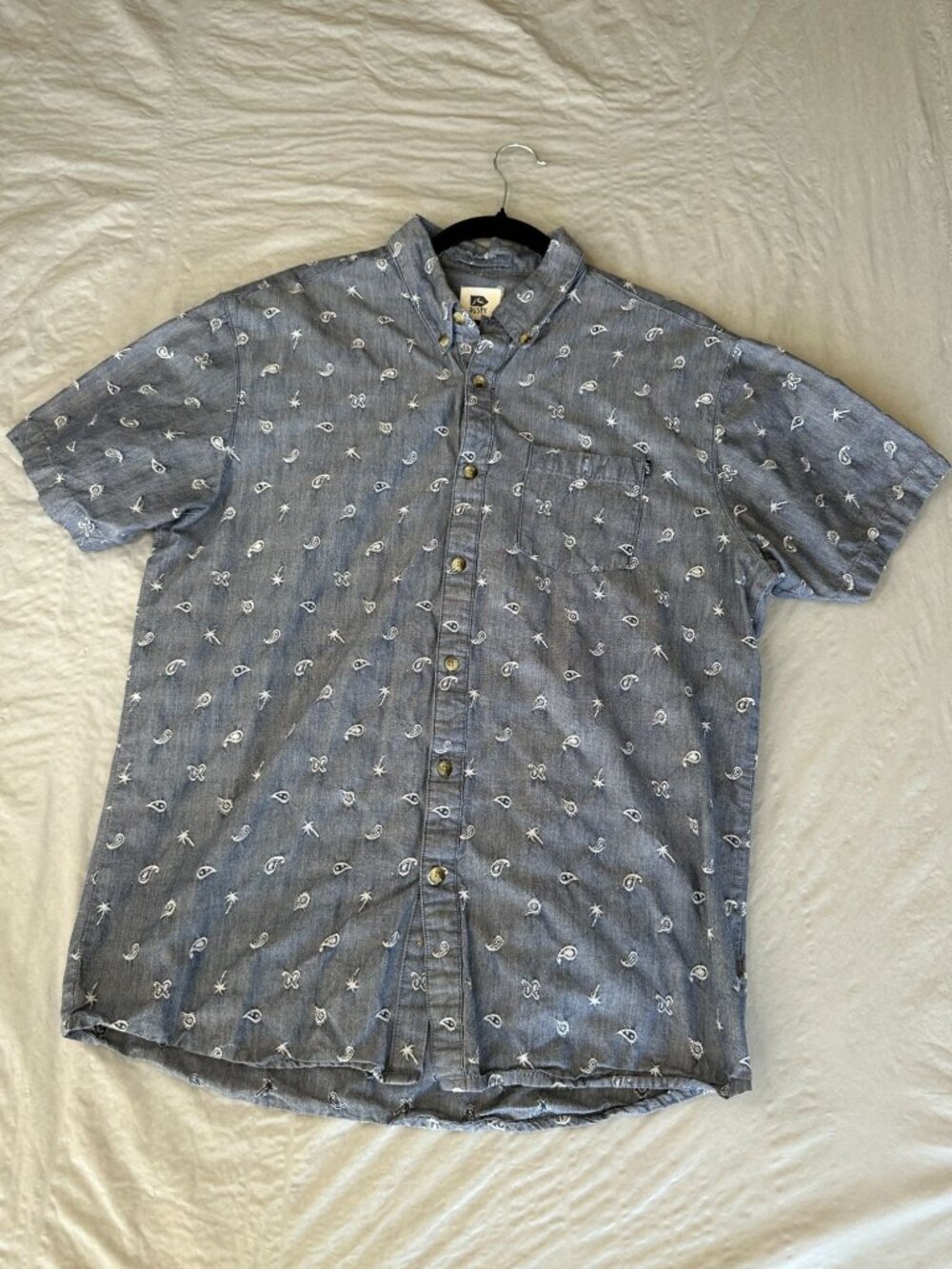 Rusty Mens Cotton Button-Up Short Sleeve Blue Shirt Embroidered Print M Casual